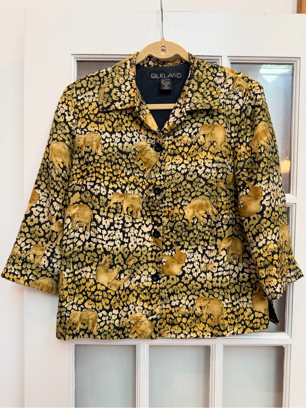 Vintage SilkLand 100% Silk Chic Black Gold Elephant Print Button Jacket Size 6